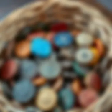 Antique chips collection A collection of mismatched antique chips displayed in a basket, showcasing various designs and colors, purchased for $50.