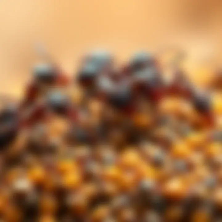 A close-up of ants working together in a colony, showing their interaction and teamwork.