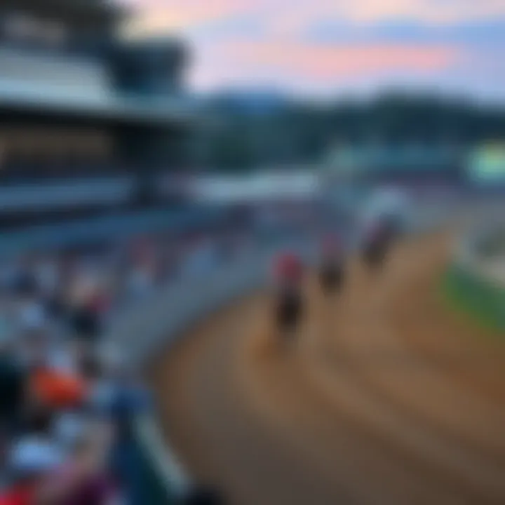 Horses racing on the Aqueduct track with spectators watching from the stands