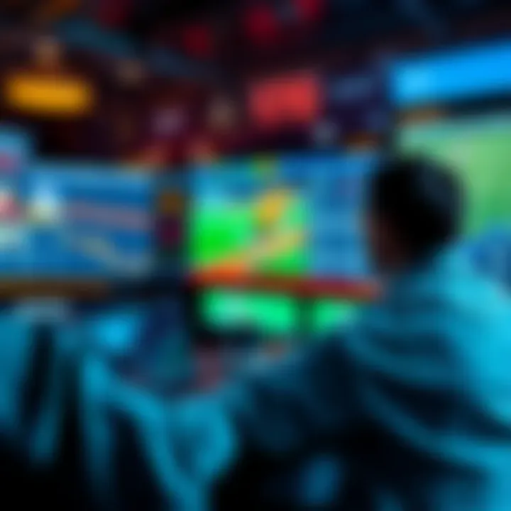 A person analyzing betting odds on a laptop with multiple screens displaying sports events and odds