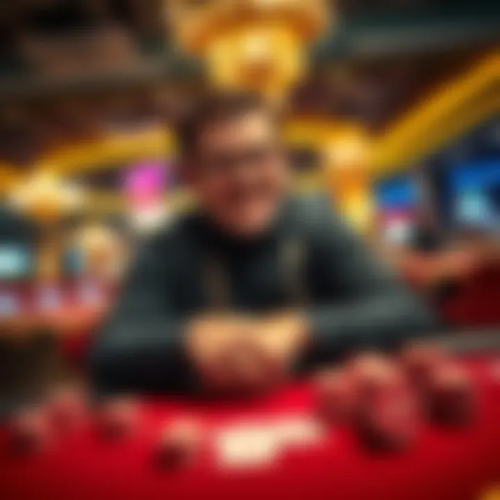 Archie Karas at a casino table Archie Karas playing poker in a Las Vegas casino, surrounded by chips and cards, showcasing high-stakes gambling action