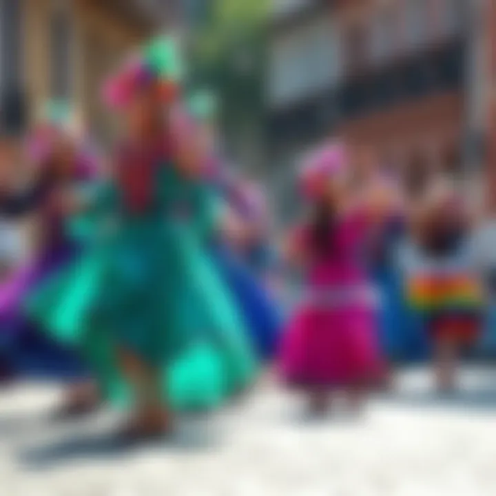 A vibrant street scene showcasing traditional Argentine dancers in colorful outfits, celebrating the country's rich culture.