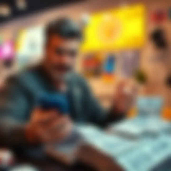 An Argentinian man looks worried while checking his phone for lottery withdrawal options, with a pile of lottery tickets nearby.