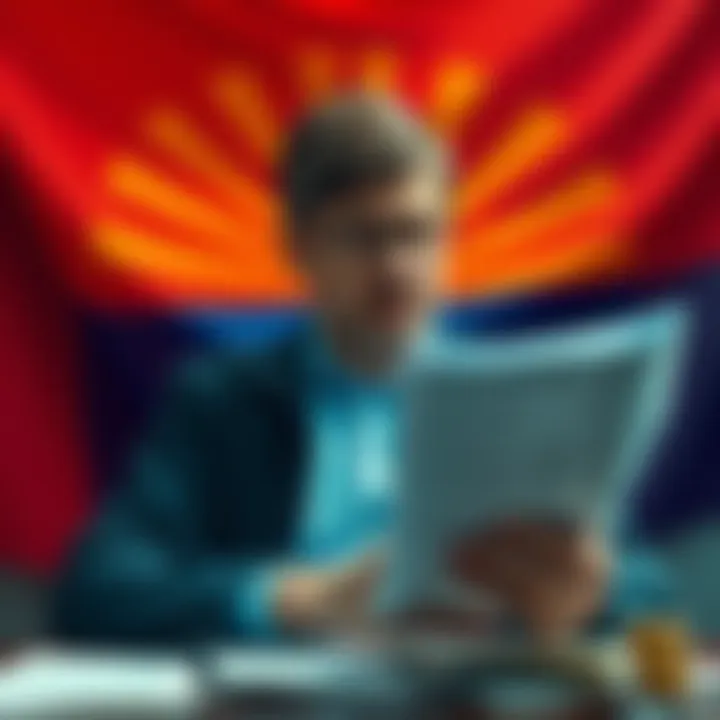 A worried Arizona resident looking at financial documents with a backdrop of the Arizona state flag