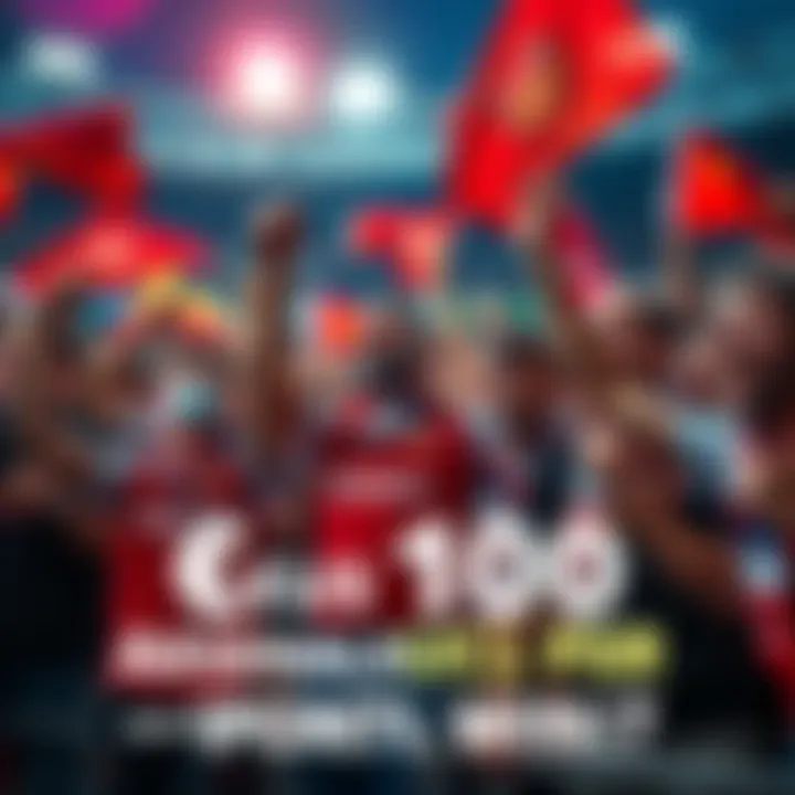 A group of Arsenal fans wearing team jerseys, celebrating with flags and scarves, anticipating their UEFA Champions League Final match against PSG.