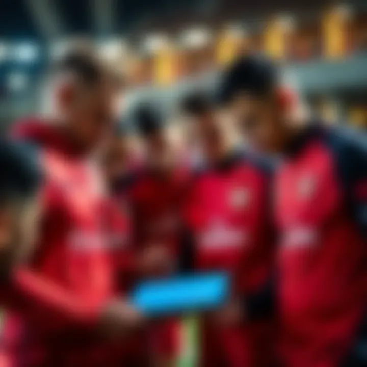 Arsenal players analyzing data on a tablet during training, showcasing machine learning integration in sports.