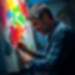 An artist passionately painting on a canvas, surrounded by colorful paints and brushes, showing intense focus and creativity