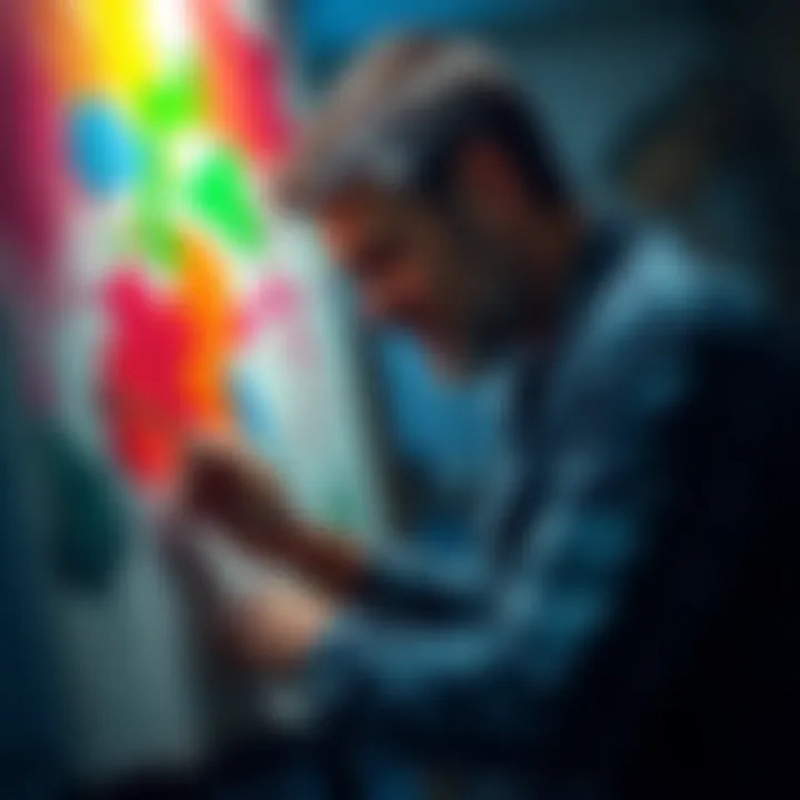 An artist passionately painting on a canvas, surrounded by colorful paints and brushes, showing intense focus and creativity