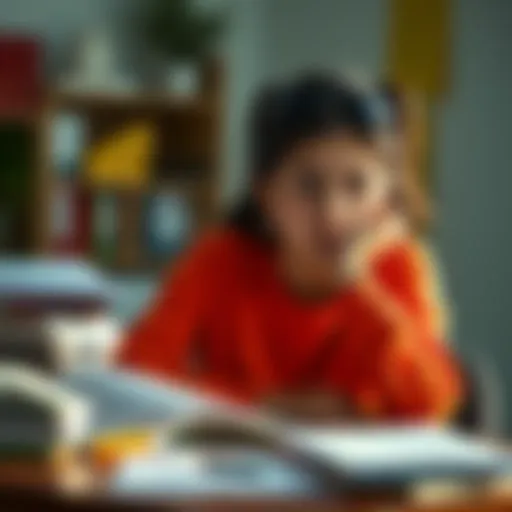 A young woman looking thoughtful while studying at a desk, surrounded by papers and books, hinting at her struggles with upcoming assessments.