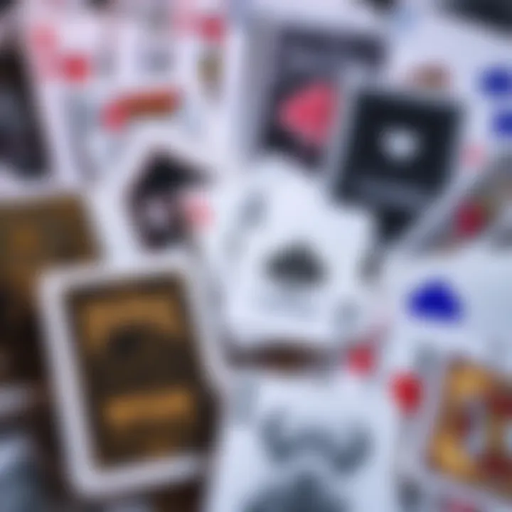 A collection of various playing card decks including Faded Spade, Modiano Platinum, and KEM displayed together.