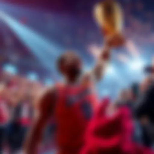 Athlete celebrating victory The athlete known as the GOAT celebrating a recent win with a trophy in hand, surrounded by cheering fans.