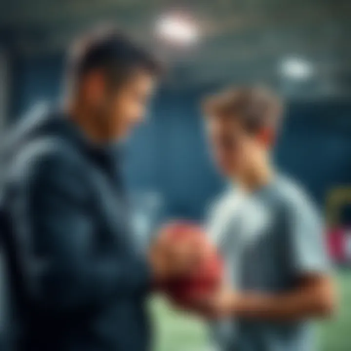A coach instructing a young athlete during a training session, focusing on skill improvement.