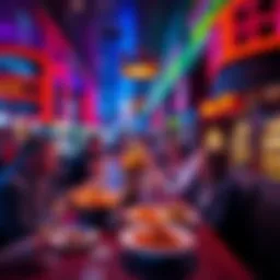 A vibrant scene showcasing a table with delicious food and casino games in Atlantic City, with people enjoying their time together.