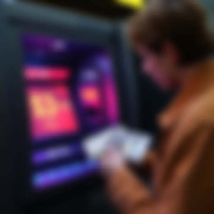 A person withdrawing cash from an ATM, observing a $3 fee notice on the screen, with a $40 bill being dispensed.