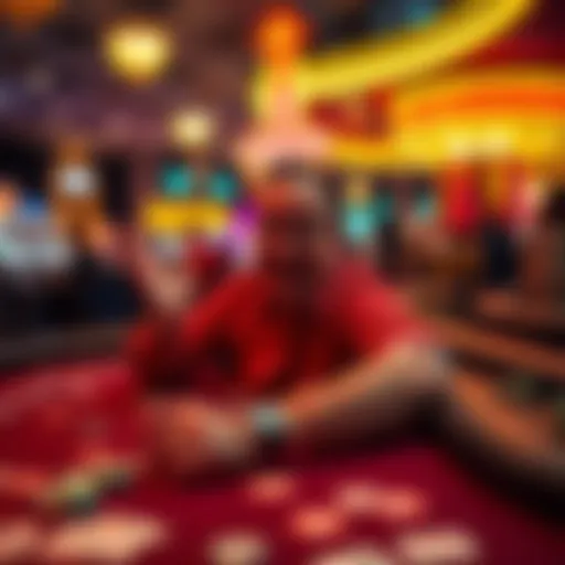 An Austin tech worker excitedly playing at a casino table in Las Vegas, surrounded by colorful chips and cards, capturing the thrill of high-stakes gambling