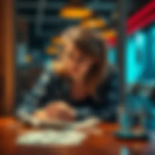 A 28-year-old Australian woman looks worried while sitting at a table with bills and a drink beside her, symbolizing her financial struggles related to alcohol relapses.