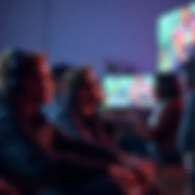 A group of diverse gamers sitting together, looking at a screen with a game on it, showcasing varying levels of concentration and engagement.