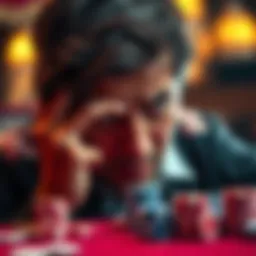 A person looking distressed while staring at empty poker chips on a table, showing the negative impact of gambling on life.