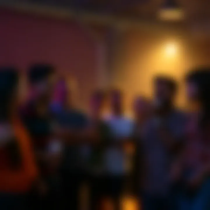 Awkward social moment A group of people standing together in an awkward silence at a party, looking uncomfortable but amused, reflecting common awkward situations in life.