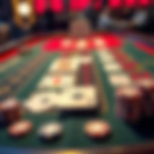A baccarat table displaying cards and chips, showing bets on banker, player, and tie, illustrating the wagering options in the game.