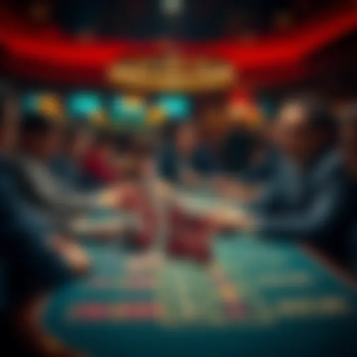 A tense Baccarat table scene showing players intensely focused on the game, with chips stacked high as they place bets.