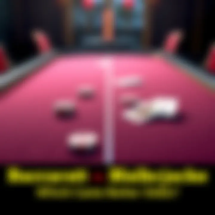 Baccarat and Blackjack Table Comparison A side-by-side view of a baccarat table and a blackjack table, showcasing chips and cards on each one, highlighting their differences.