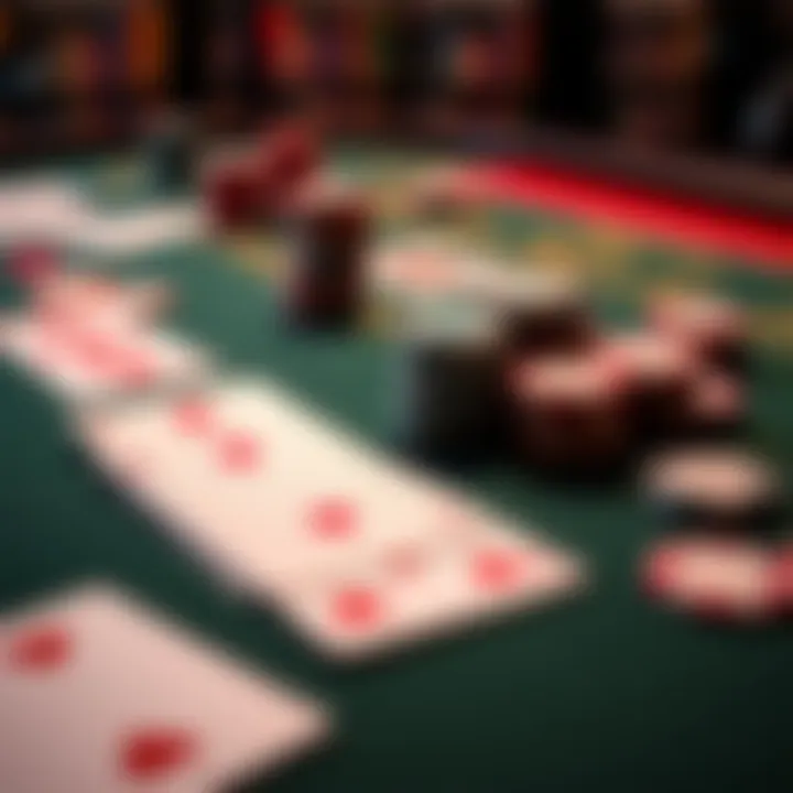 A close-up view of baccarat cards and chips laid out on a gaming table