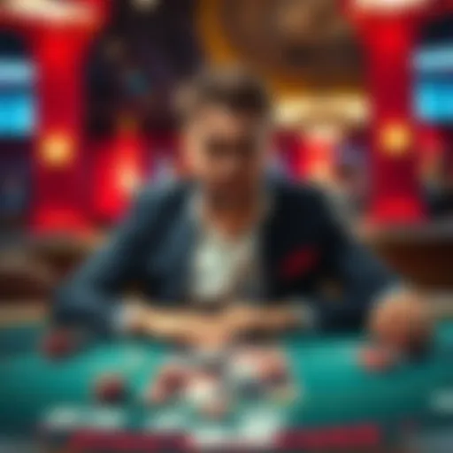 A focused player at a baccarat table surrounded by cards and chips, showing a mix of concentration and emotion after a recent win.