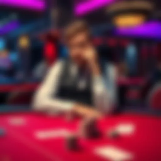A baccarat enthusiast sitting at a casino table, deep in thought, with chips and cards in front of them, considering a big bet or a safer approach.