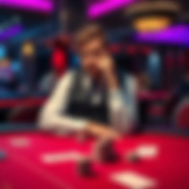 A baccarat enthusiast sitting at a casino table, deep in thought, with chips and cards in front of them, considering a big bet or a safer approach.