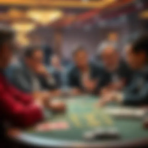 A group of baccarat players animatedly discussing game patterns at a table, showing expressions of intensity and disagreement.