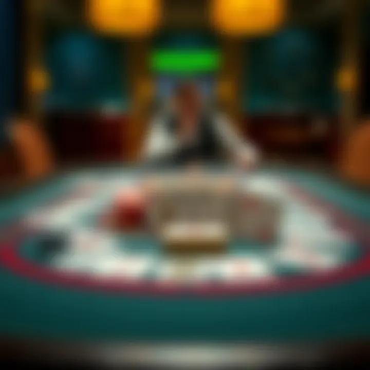 A baccarat table with cards laid out, symbolizing the connection between the game outcomes and quantum mechanics, featuring a thoughtful player observing the game.
