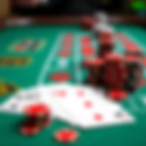 A close-up view of a baccarat table featuring cards and chips, illustrating the betting options for banker, player, and tie.