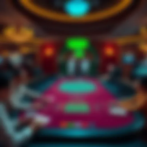 A crowded baccarat table in a casino with players placing bets and a dealer managing the game.