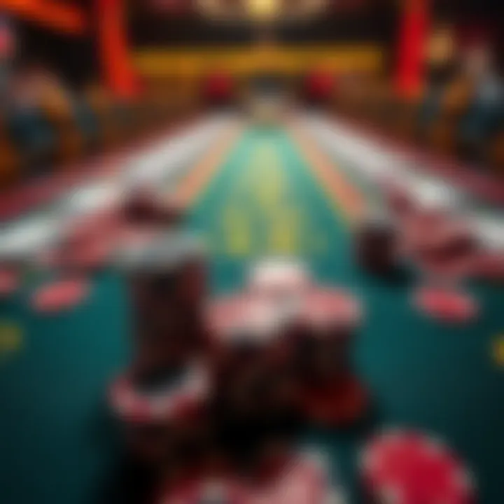 A close-up of a Baccarat table filled with chips and cards, highlighting the excitement and tension of the game.
