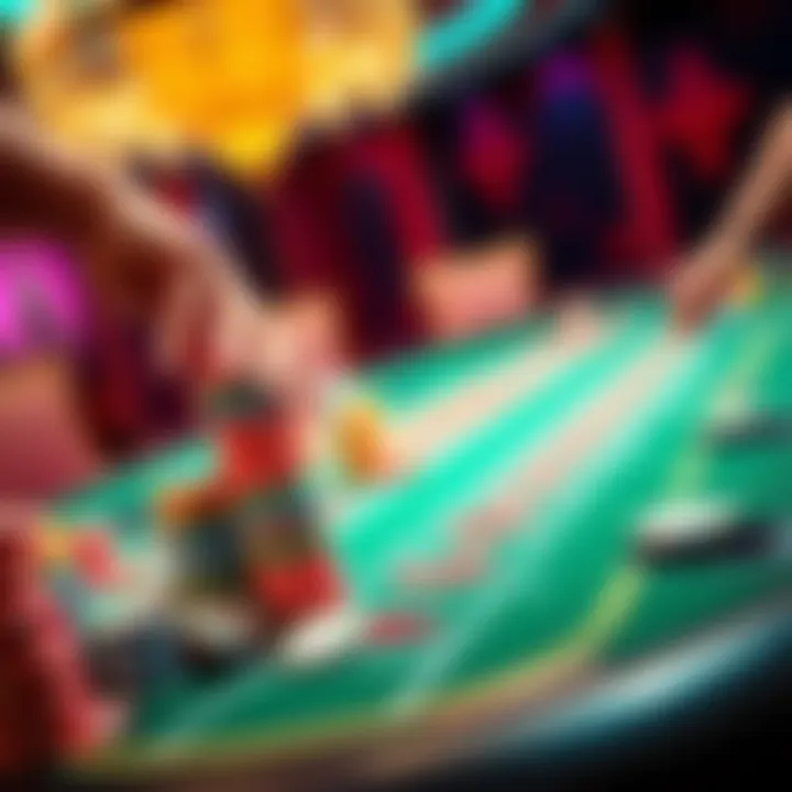 A baccarat table with colorful chips stacked high, showing a player's winning moment. A hand reaches out to place a bet, capturing the excitement of the game.