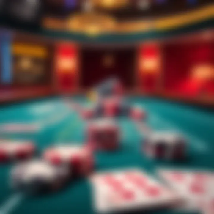 Baccarat table with chips and cards A baccarat table displaying colorful chips and cards, capturing the excitement of a high-stakes game