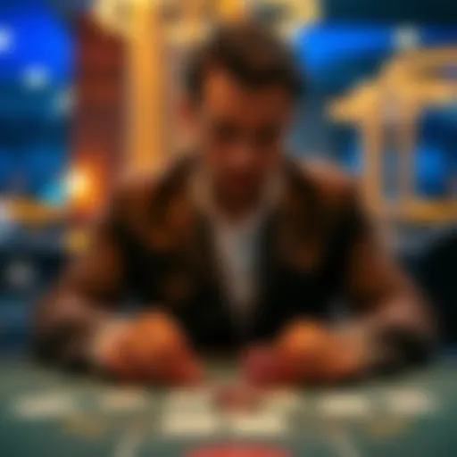 A semi-pro baccarat player studies the table with cards and chips, showing a focused expression and observing the game closely, creating a strategic atmosphere.