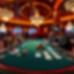 A vibrant baccarat table with players and a dealer in a Las Vegas casino, showcasing chips and cards
