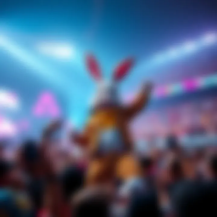 Bad Bunny energizing the crowd during his Super Bowl halftime show with colorful lights and dancing