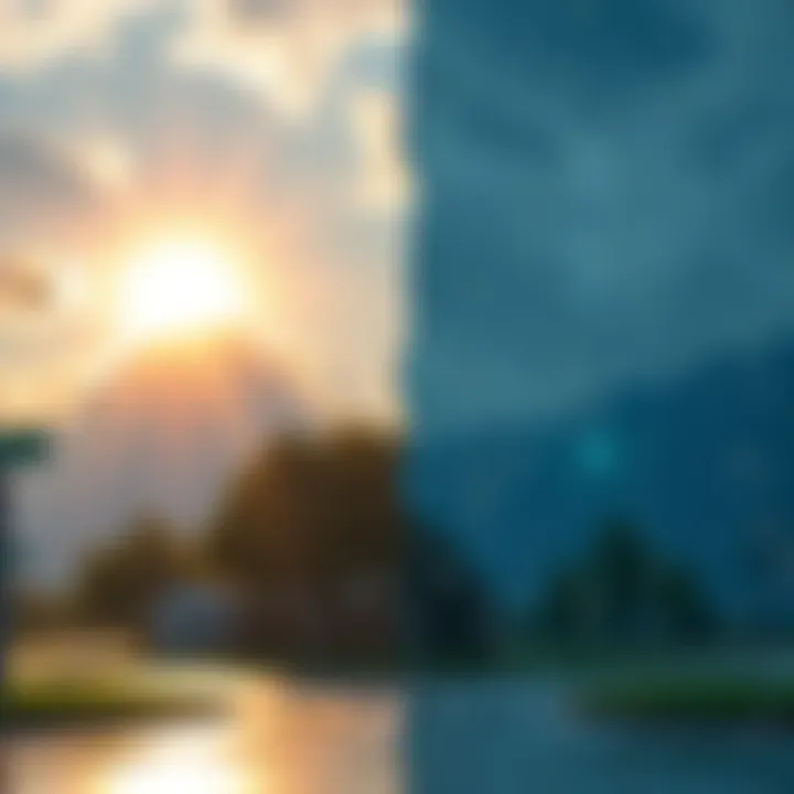 A split image showing a sunny day on one side and a rainy day on the other, symbolizing different viewpoints in life.