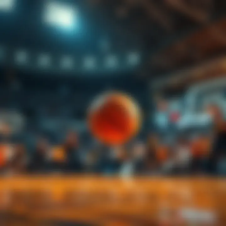 Ball bouncing on the court A basketball bouncing three times on the court with fans cheering in the background
