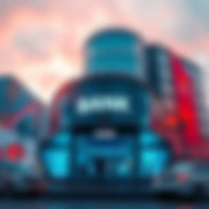 A modern bank building with advanced technology and digital screens, showcasing innovative banking services.