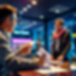 Banker discussing funds with a customer A bank representative talking to a person about depositing casino winnings, with paperwork on the table