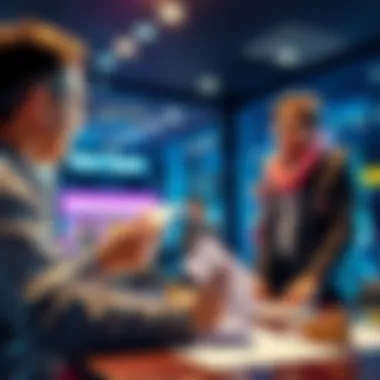 Banker discussing funds with a customer A bank representative talking to a person about depositing casino winnings, with paperwork on the table