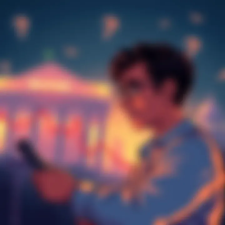 An illustration showing a worried person looking at a graph depicting declining bank deposits, with bank buildings in the background.