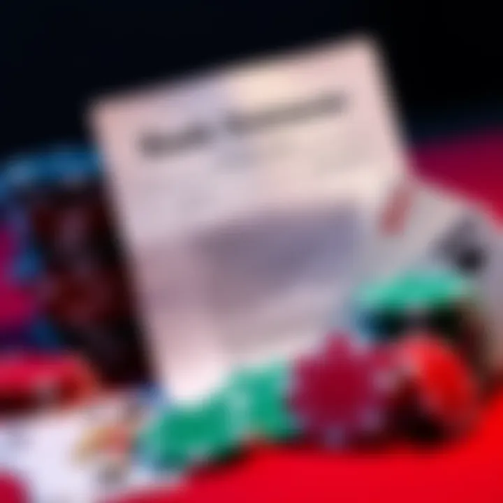 A bank statement alongside casino chips and playing cards, symbolizing financial concerns in gambling.