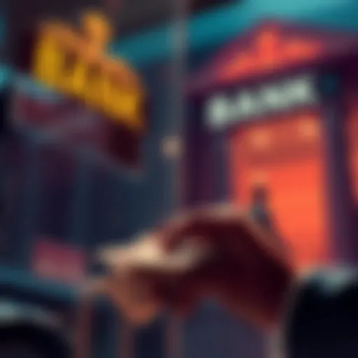 Person counting cash near a bank sign, illustrating withdrawal process