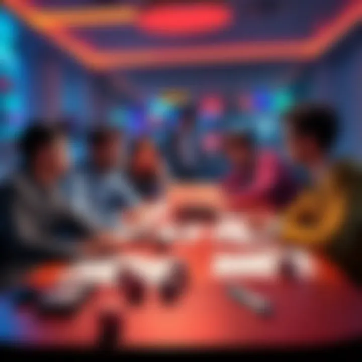 A group of people discussing bankroll management and lottery strategies at a table with papers and a laptop