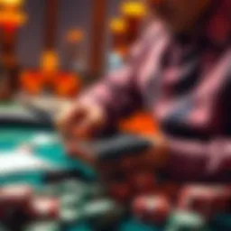 A player calculating bets with a notebook and calculator, surrounded by chips.